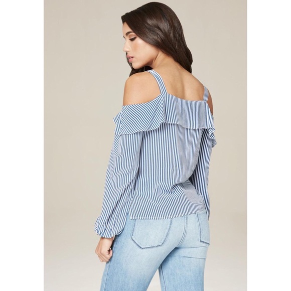 Bebe Navy Blue Striped Cold Shoulder Top - Picture 2 of 11